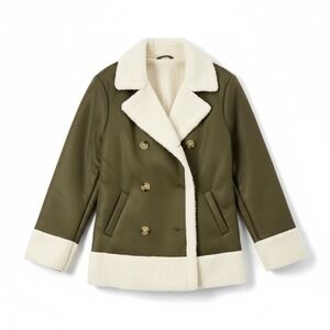 Candace Cameron Bure Womens Jacket Sz XXS Olive Green Double Breasted Sherpa